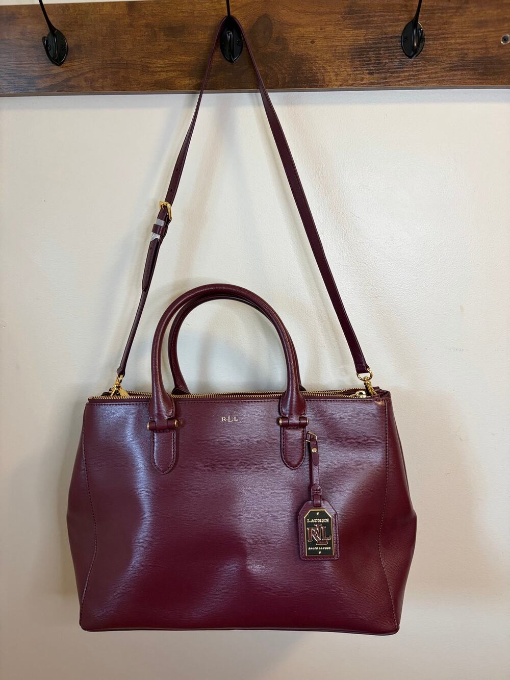 NWOT Lauren Ralph Lauren Burgundy Satchel Top Handle Zip Gold Hardware w/Strap